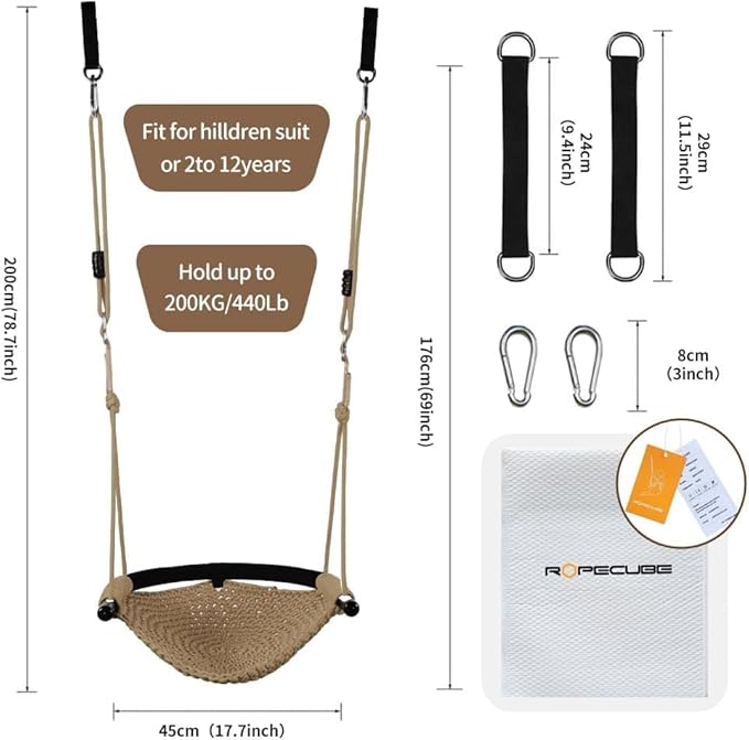 Hand-Knitting Toddler Swing, Swing Seat for Kids with Adjustable Ropes, Little tikes Swings Set, for Outdoor Indoor, Playground, Backyard (Brown-2 Pack)