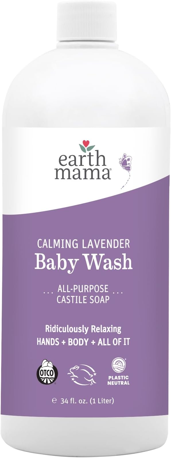 Earth Mama Calming Lavender Baby Wash Liquid Foaming Hand Soap Refill, All-Purpose Lavender Body Wash for Sensitive Skin, Castile Soap with Coconut Oil, Shea Butter, Calendula, & Aloe, 34 Fl Oz