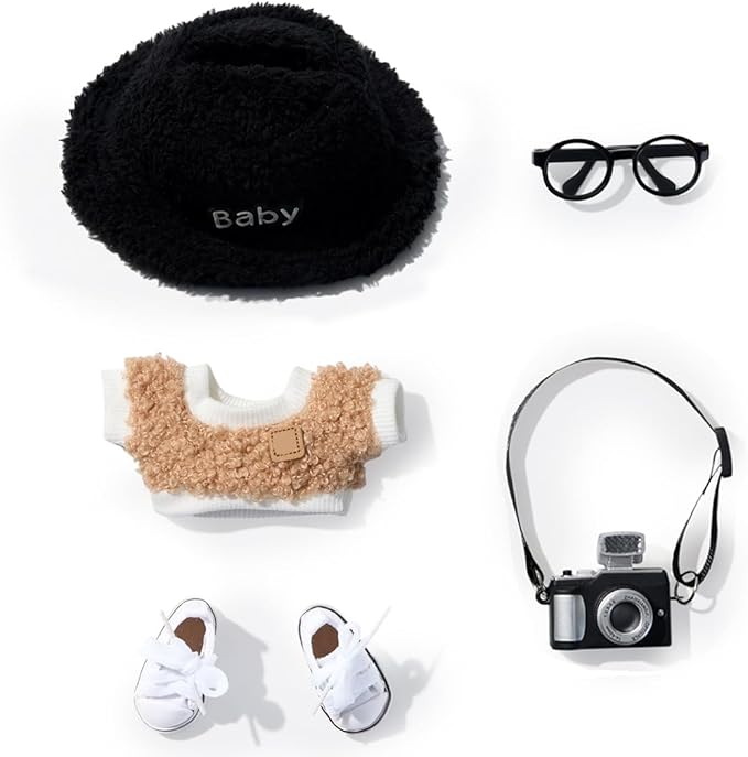 5 Set 17cm Doll Clothes -Clothes for Dolls Outfit - Accessories for 17cm Dolls Clothes +Light Pink Heart-Shaped Velvet hat + Small Camera + Glasses + Canvas Shoes, No Doll Included (Style A5)