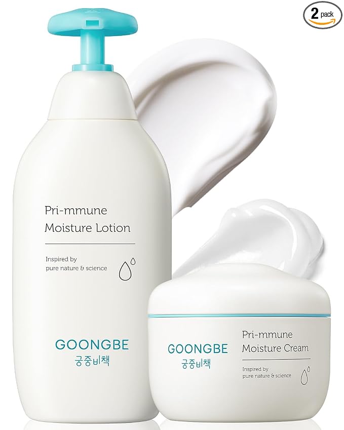 GOONGBE Pri-mmune Moisture Lotion & Cream - Korean Baby Moisturizer - Hypoallergenic Moisturizing & Calming Daily Moisturizer - Fast Absorbing, Naturally Derived Non-Greasy, 11.8oz + 6.1oz.