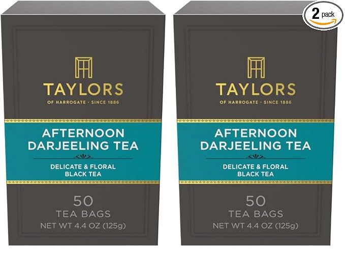 Taylors of Harrogate Afternoon Darjeeling, Black Tea, Pillow Bags 50 Count, Delicate, Sweet & Floral, Caffeinated, Enjoy Hot or Iced, 50 Teabags (Pack of 2)