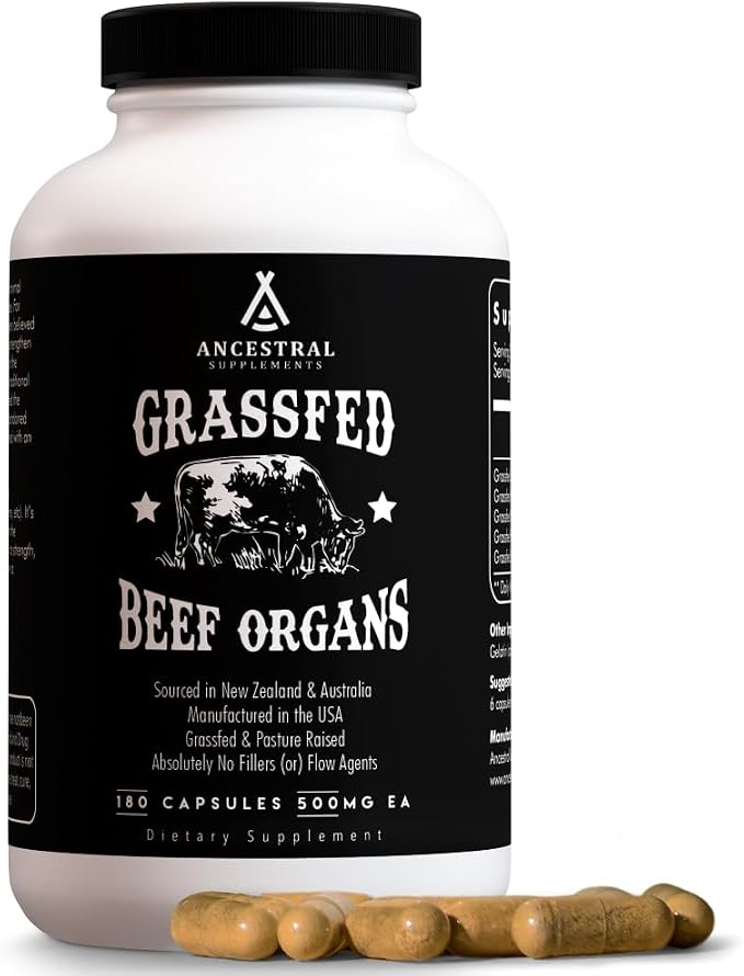 Ancestral Supplements Grass Fed Beef Organ Supplement, Supports Whole Body Wellness with Proprietary Blend of Liver, Heart, Kidney, Pancreas, Spleen, Freeze-Dried Beef, Non-GMO, 180 Capsules