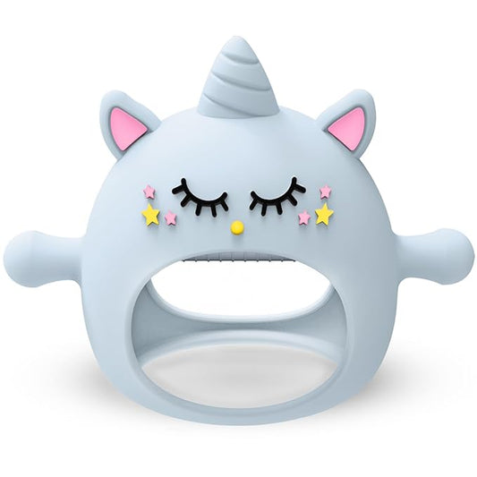 Teething Toys for Babies 0-6 Months, Tinabless Unicorn Never Drop Silicone Teether for Babies 6-12 Months, Hand Pacifier for Breast Feeding Baby, Baby Chew Toys Freezer Safe for Newborn, Blue