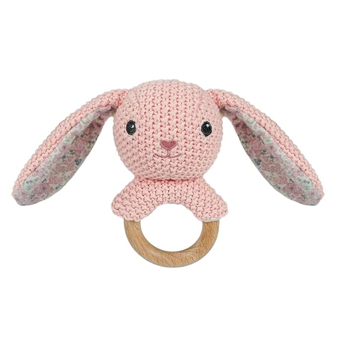 Baby Toys Stuffed Animals Handbell,Rabbit Rattle Toy Wooden Rattle Toys for Baby,Knit Bunny Stuffed Animal Cute Rattle with Teether Ring Newborn Birthday Gifts（Bunny）