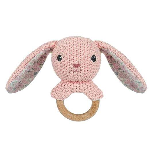 Baby Toys Stuffed Animals Handbell,Rabbit Rattle Toy Wooden Rattle Toys for Baby,Knit Bunny Stuffed Animal Cute Rattle with Teether Ring Newborn Birthday Gifts（Bunny）