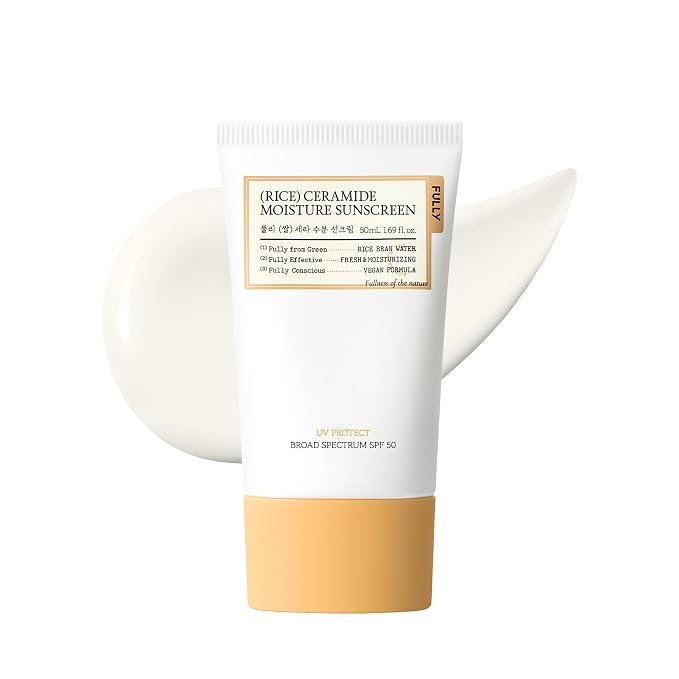 FULLY Rice Ceramide Moisture Sunscreen, SPF 50, No White Cast, 1.69 fl oz | Non-Sticky Finish, Lightweight, Korean Broad Spectrum Sunscreen for All Skin Types, Panthenol for Hydrating and Glowing