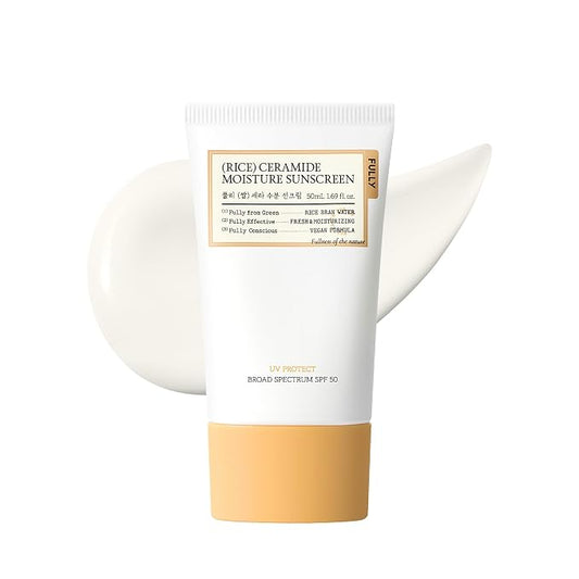 FULLY Rice Ceramide Moisture Sunscreen, SPF 50, No White Cast, 1.69 fl oz | Non-Sticky Finish, Lightweight, Korean Broad Spectrum Sunscreen for All Skin Types, Panthenol for Hydrating and Glowing
