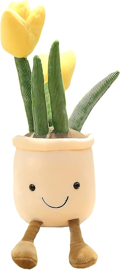 Smiling Tulip Plush Pot – Kawaii Plant Stuffed Toy for Girls, Cute Room Decor Pillow for Kids, Aesthetic Flower Plushie Gift, Soft Botanical Plush Toy for Bed, Desk or Nursery (Yellow)