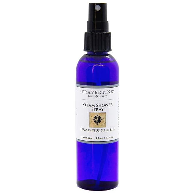 Travertine Spa Steam Shower Spray | Eucalyptus & Citrus | Shower Aromatherapy | Sinus and Congestion Relief | Steam Room Spray | 100% Natural Eucalyptus Oil | 4 oz.