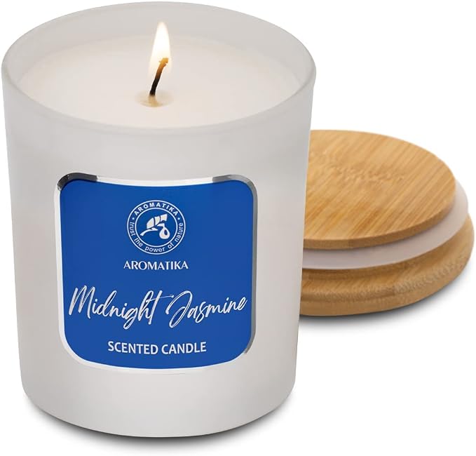 AROMATIKA Midnight Jasmine Soywax Candle - Up to 45 Hours Burn Time - Glass Candle Gift - Aromatherapy Candle - Blue Floral Scent