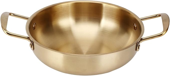 Korean Ramen Noodle Pot with Handles, Stainless Steel Ramen Cooking Pot Korean Noodle Pot without Lid, Golden Korean Cooking Pot for Soup, Noodle, Pasta, Home and Outdoor (18cm)