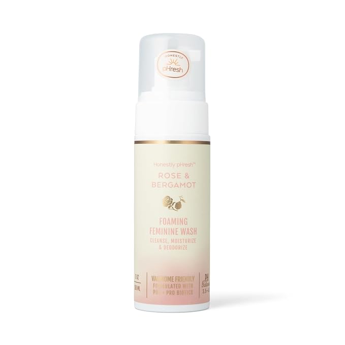 Honestly pHresh Foaming Feminine Wash for Women – pH Balanced Natural Intimate Cleanser with Prebiotics & Probiotics. Vegan, Sensitive Skin Safe. Made In USA - Rose & Bergamot Scent, 5 oz
