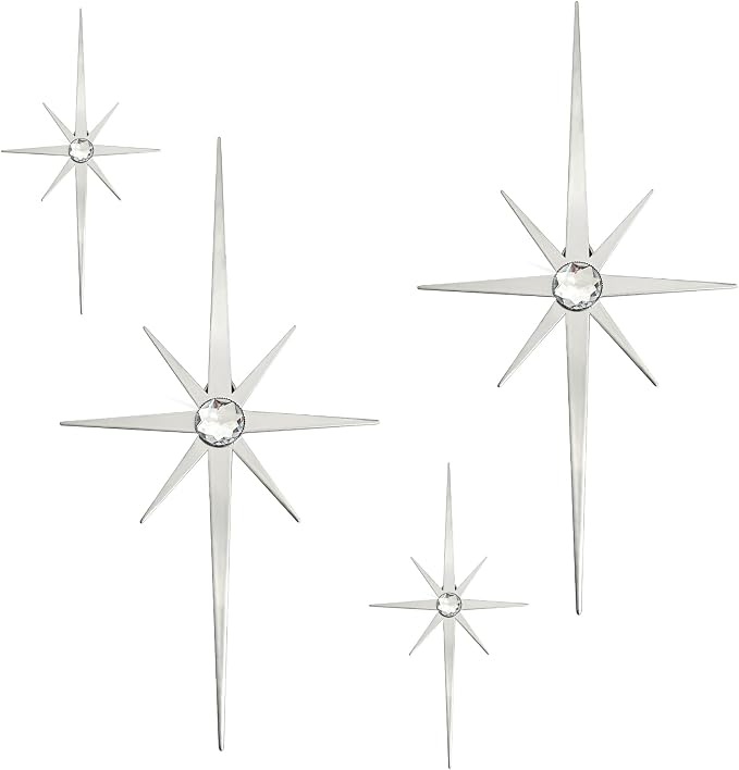 4 Pcs Star Wall Art for Home Decor Living Room Bedroom Office Metal 3D,Bling,with Hanging Hook Starburst Midcentury Sculpture Retro Gallery Accent Celestial -Silver 16.5in/9.4in