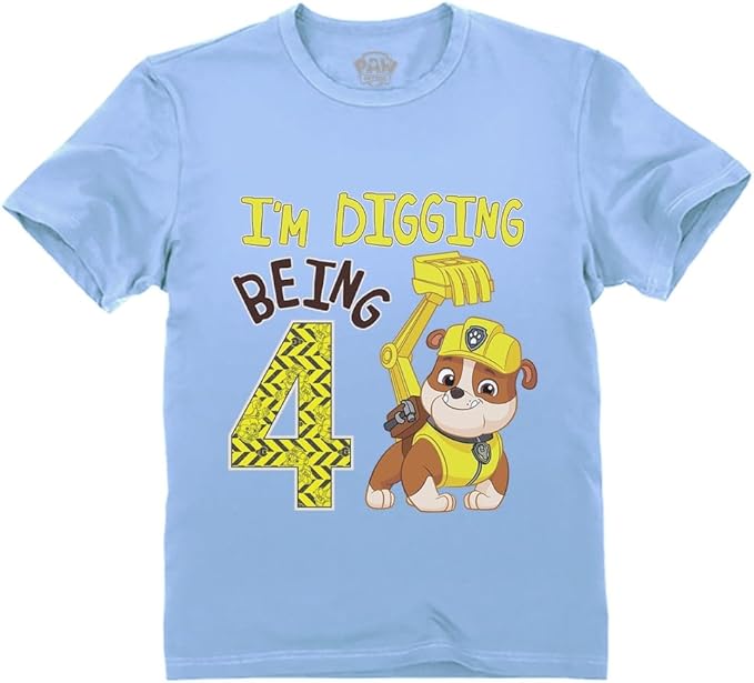 Paw Patrol Rubble Digging Being 4 T-Shirt for Toddler Boys - 4th Birthday Outfit with Construction Bulldozer Theme