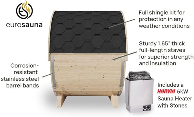 EuroSauna 2-Person Outdoor Barrel Sauna with Shingles, Lighting, & 6kW Harvia Sauna Heater, 81x59