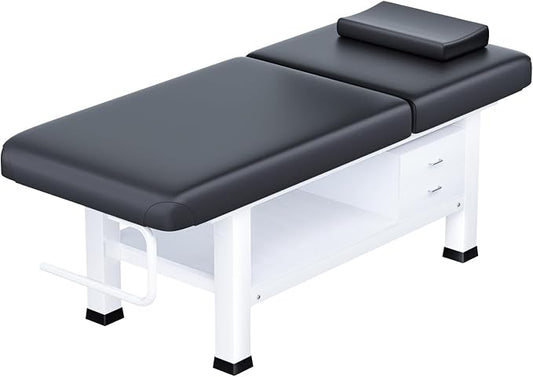 Heavy Duty Frame Professional Massage Table with Adjustable Backrest & Height Legs & Face Pillow, PU Leather, for Treatment,Physical Therapy,Spa Facial Professional Massage (Wood/With Drawers, Black)