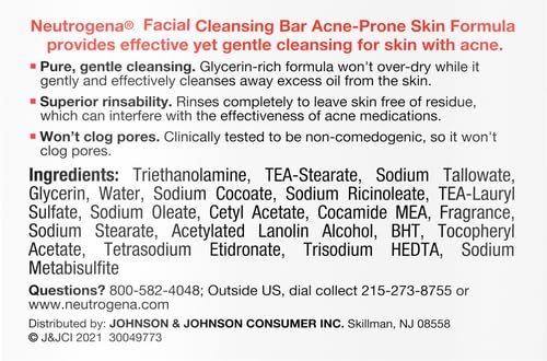 Neutrogena Facial Cleansing Bar for Acne-Prone Skin,Gentle Non-Medicated Daily Cleanser,Non-Comedogenic Transparent Soap with Glycerin,No Dyes or Detergents,3.5 oz,(Pack of 3)