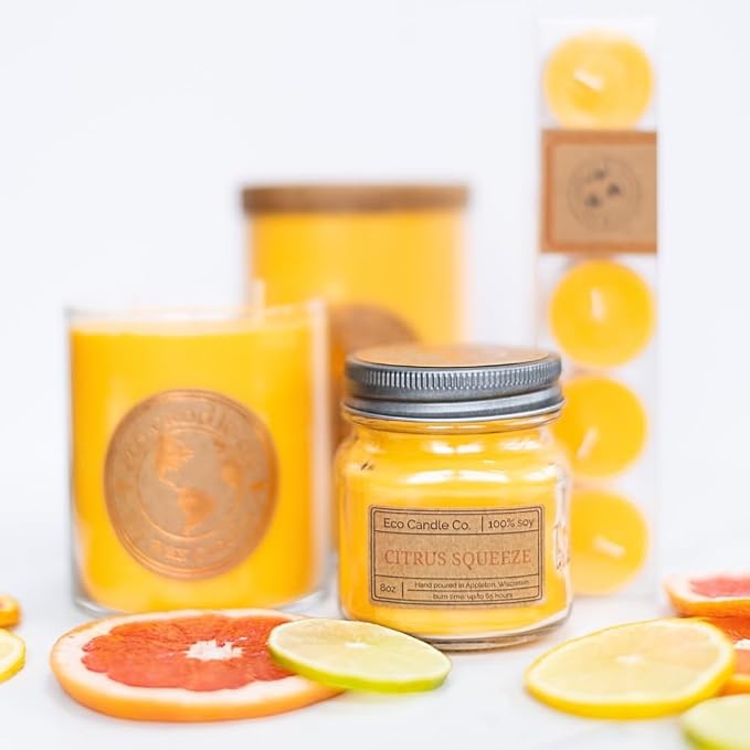 Eco Candle Co. Citrus Squeeze Tea Light Candles, 10-Pack, 9 Hr Burn Time | Scents of Sweet Orange, Tangerine, Pink Grapefruit, Lemon, Lime, No Pthalates, Made in USA, No Lead