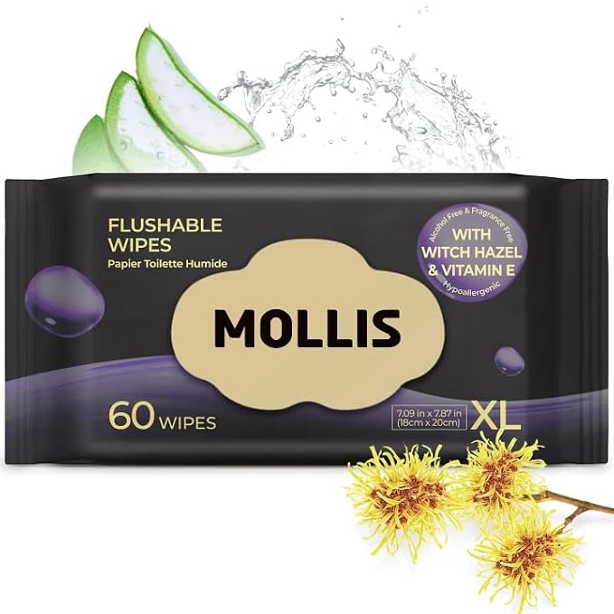 MOLLIS Witch Hazel Flushable Wipes for Adults, Extra Large Unscented Wet Wipes with Vitamin E, Gentle for Sensitive Skin, 100% Plant-Based, Sewer & Septic Safe, 60 Count