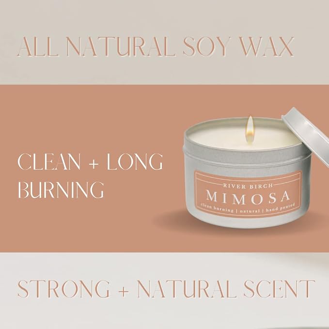 River Birch Premium, All-Natural, Non-Toxic Soy Candle | Mimosa Scented | 8 oz. Silver Tin Travel Candle | Cozy Relaxing Gifts for Home