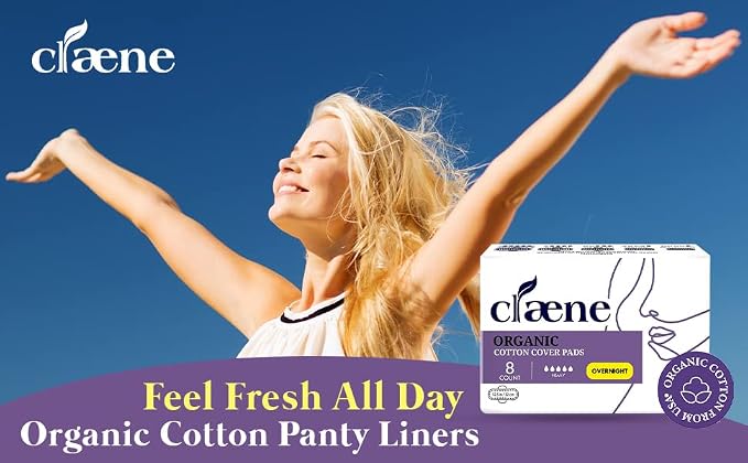 Claene Organic Cotton Cover Pads, Cruelty-Free, Menstrual Overnight Pads for Women, Unscented, Breathable, Vegan, Natural Sanitary Napkins with Wings (Overnight, 1 Pack, Total 8)