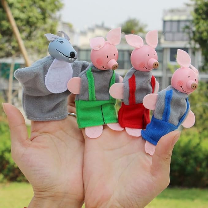 3 Little Pigs & Big Bad Wolf Finger Puppets, 4Pcs Educational Storytelling Finger Puppets Toy for Kids, Preschool & Party Favors