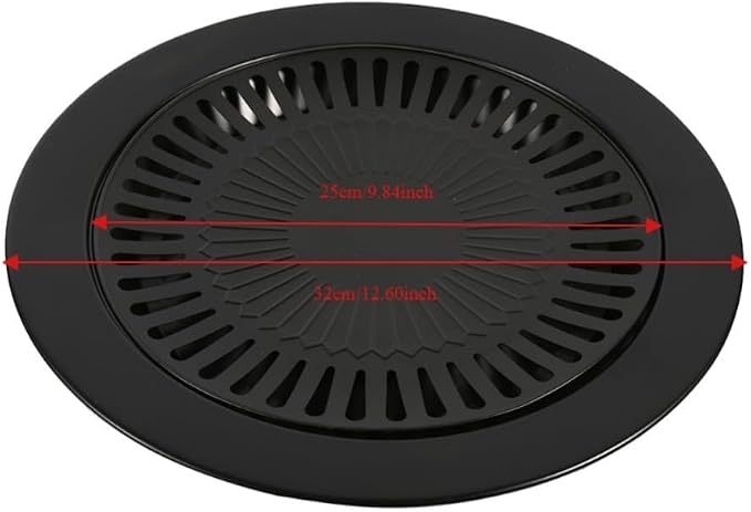 Korean BBQ Grill Pan - Round Iron Roasting Tray Nonstick Oil Drain Design 32 cm for Indoor Outdoor Barbecue Meat Vegetables