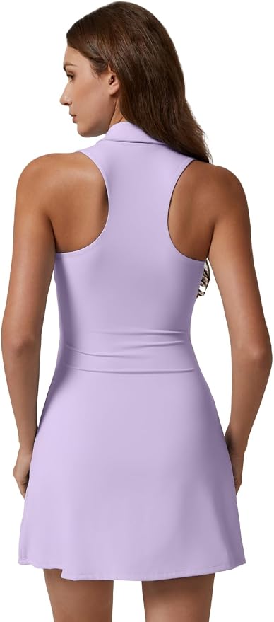 QINSEN Womens Zip Front Tennis Dress Polo Collar Racer Back Workout Golf Dresses Build in Shorts with Pockets