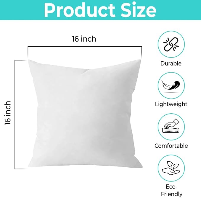 QUBA LINEN Throw Pillow Inserts (Set of 2, White), 16x16 Inches - Premium Cushion Fillers for Sofa, Bed, and Home Décor (16x16 Inch (Pack of 2))