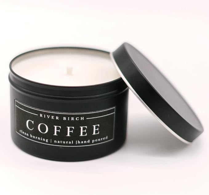 River Birch Candles Coffee Scented Candle | Premium, All-Natural, Non-Toxic, Soy Candles | 8 oz. Black Matte Tin Travel Candle | Cozy Relaxing Gifts for Home