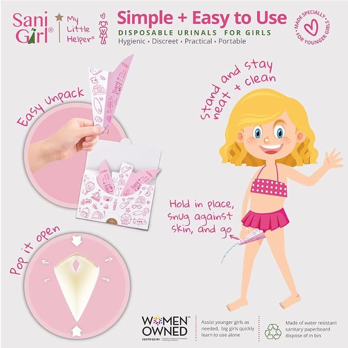 SanGirl My Little Helper Girl Pee Funnel | Disposable Pee Funnel | Pee Cup for Kids | Girl Urinal Portable | Travel Potty Aid for Girls to Stand to Pee and Stay Neat Clean On the Go (Pack of 15)