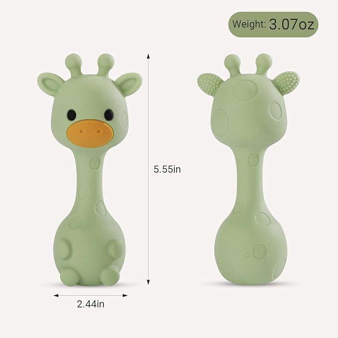 Giraffe Silicone Baby Teether Rattle Toy for 0-6 6-12 Months, BPA-Free Infant Teething Toy with Rattle Sound, Easy-Grip Design for Teething Relief (Olive)