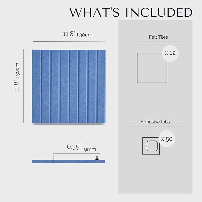 Felt Bulletin Board Tiles 48"x36" -12-Pack Cork Board Alternative, OEKO-TEX Certified, NRC 0.95 Acoustic Wall Panels, Damage-Free Adhesive, Slatted Design, Home Office, Classroom (Pastel Blue)