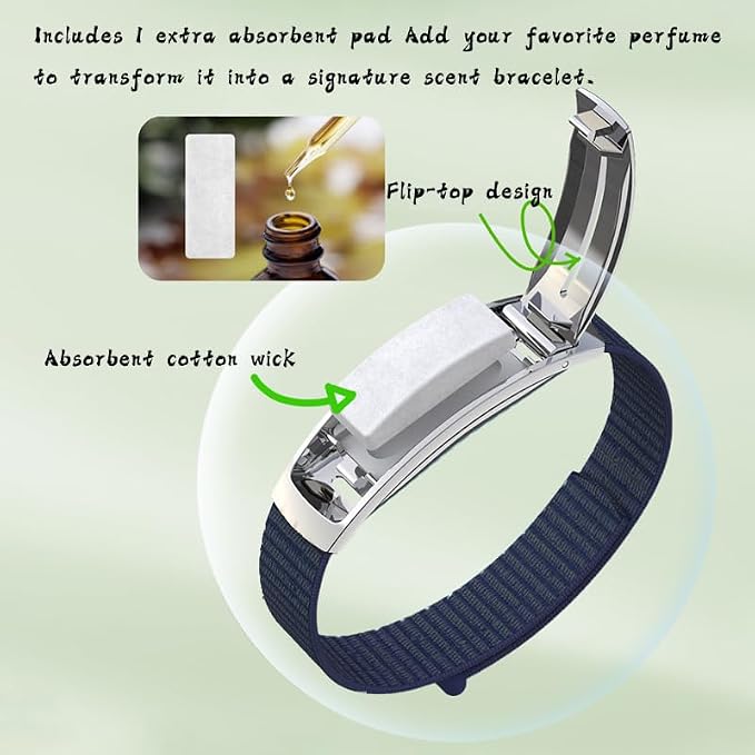 Essential Oil Diffuser Bracelet Indigo Flip Locket Strap | Stainless steel locket with iridescent lid. Quick-adjust velcro strap. 20 felt pads. Lightweight daily aromatherapy bracelet.
