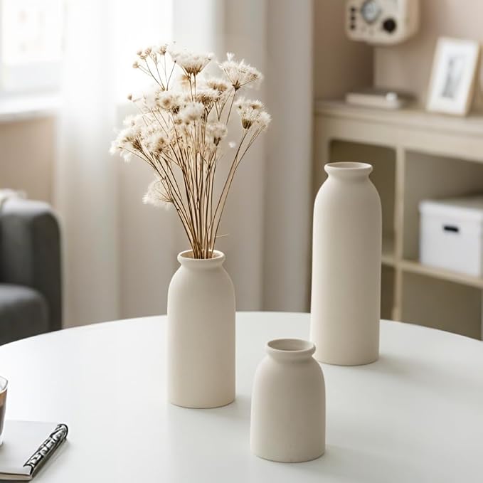 Ceramic Vase Set-3, Small Flower Vases for Decor, Modern Boho Farmhouse Style, Decorative Vases for Pampas Grass & Dried Flowers, Distressed Finish (Beige)