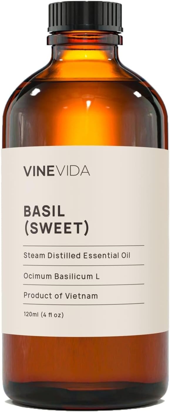 VINEVIDA Sweet Basil Essential Oil 4 oz - Undiluted Oil - DIY Candle Scents - Bulk Oil for Soap Making