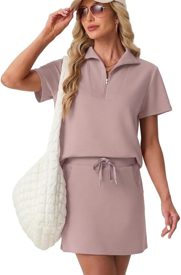GRECERELLE Women's Summer 2 Piece Skort Set Half Zip Short Sleeve Top & Pocketed Tennis Skirt For Sports & Vacations.