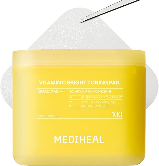 MEDIHEAL Toner Pads 100 Count - Vitamin C Skin Toning - Radiance Booster for Clear & Illuminating Skin - Contains Niacinamide for Blemish Care - Vegan Stretchable Fabric Pads, Korean Skin Care