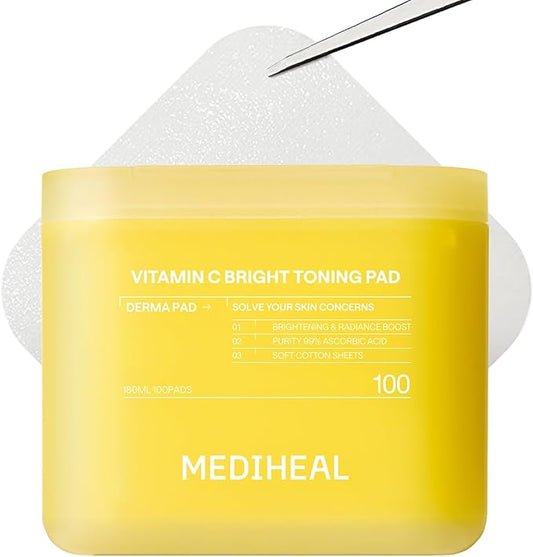 MEDIHEAL Toner Pads 100 Count - Vitamin C Skin Toning - Radiance Booster for Clear & Illuminating Skin - Contains Niacinamide for Blemish Care - Vegan Stretchable Fabric Pads, Korean Skin Care