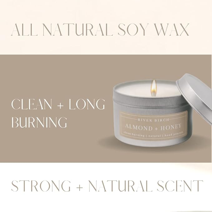 River Birch Candles Almond + Honey Scented Candle | Premium, All-Natural, Non-Toxic, Soy Candles | 8 oz. Silver Tin Travel Candle | Cozy Relaxing Gifts for Home