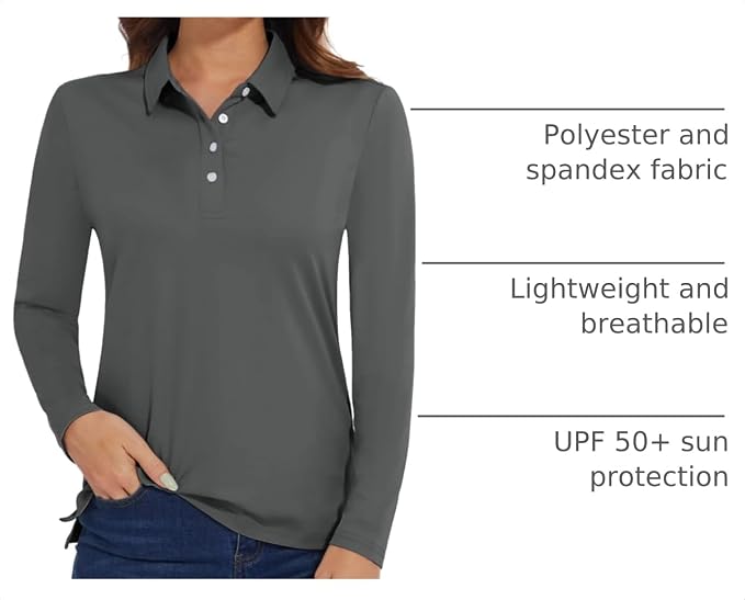 MAGCOMSEN Long Sleeve Polo Shirts for Women Golf Tops with Collar Work | UPF 50+ Sun Protection, 4 Buttons, Moisture Wicking, Breathable, 4-Way Stretch, Collared, Quick Dry, Active, Casual, Tennis