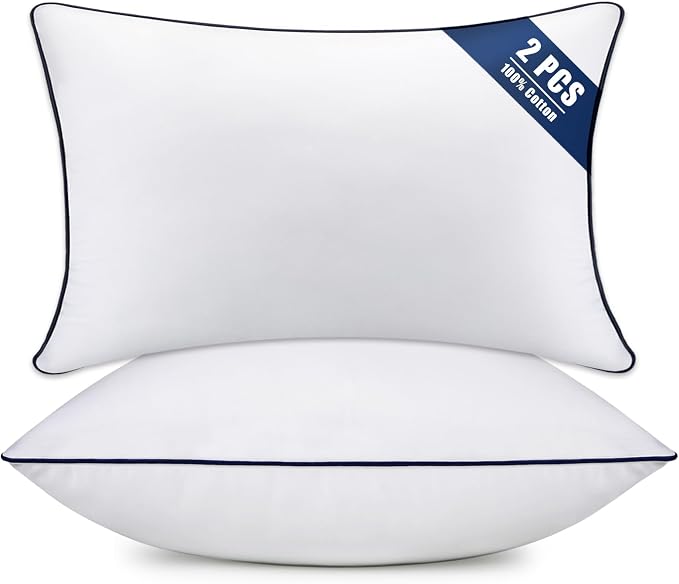 Throw Pillow Inserts Set of 2-Fluffy Square Cushions with 100% Cotton Covers-Decorative White Pillow Fillers for Sofa, Bed, Couch, Living Room, Indoor Hotel Pillows (12x20 Inch (Pack of 2)-Blue Edge)