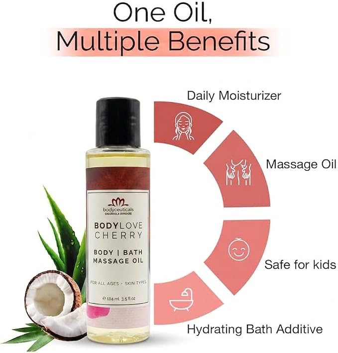 Cherry BodyLove Massage Oil – 100% Food-Grade, Organic Hydrating Body Oil with Calendula – Non-GMO, Vegan, Gentle on Sensitive Skin – 3.5 oz