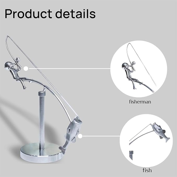 Kinetic Fishing Balance Art Sculpture, Stainless Steel Fisherman Desk Toy, Stainless Physics Balancing Fishing Physics Sculpture for Home Office Art Deco Festival Gift (1 PCS)