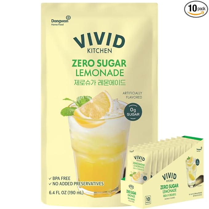 VIVID KITCHEN Lemonade Pouch Drinks – Zero Sugar, Zero Calories | Korean Convenience Store Drink | No Artificial Preservatives or Corn Syrup | 6.4 fl oz (10 Pouches) (10 Pouch, Lemonade)