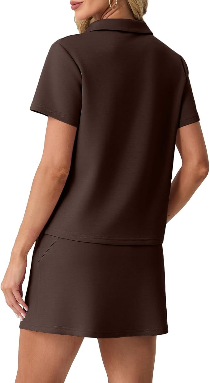 GRECERELLE Women's Summer 2 Piece Skort Set Half Zip Short Sleeve Top & Pocketed Tennis Skirt For Sports & Vacations.