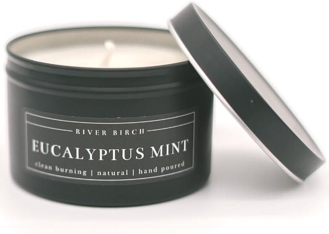 River Birch Candles Eucalyptus Mint Scented Candle | Premium, All-Natural, Non-Toxic, Soy Candles | 8 oz. Black Matte Tin Travel Candle | Cozy Relaxing Gifts for Home