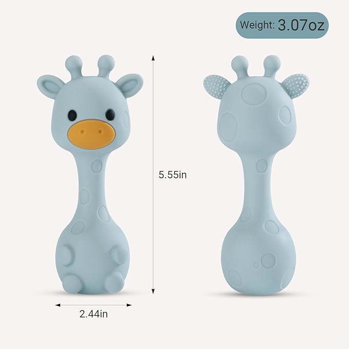 Giraffe Silicone Baby Teether Rattle Toy for 0-6 6-12 Months, BPA-Free Infant Teething Toy with Rattle Sound, Easy-Grip Design for Teething Relief (Dusty Blue)