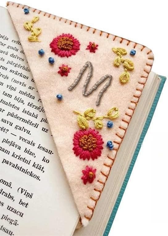 MOTEERLLU Personalized Hand Embroidered Corner Bookmark,Felt Triangle Page Stitched Handmade Bookmark,Unique Cute Flower Letter Embroidery Bookmarks Accessories for Book Lovers(Fall-m)