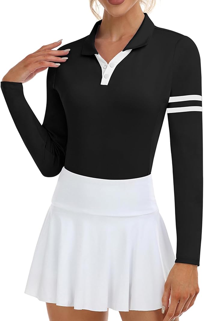 Soneven Womens Golf Shirts Moisture Wicking V Neck Long Sleeve Polo Shirts Collared Tops